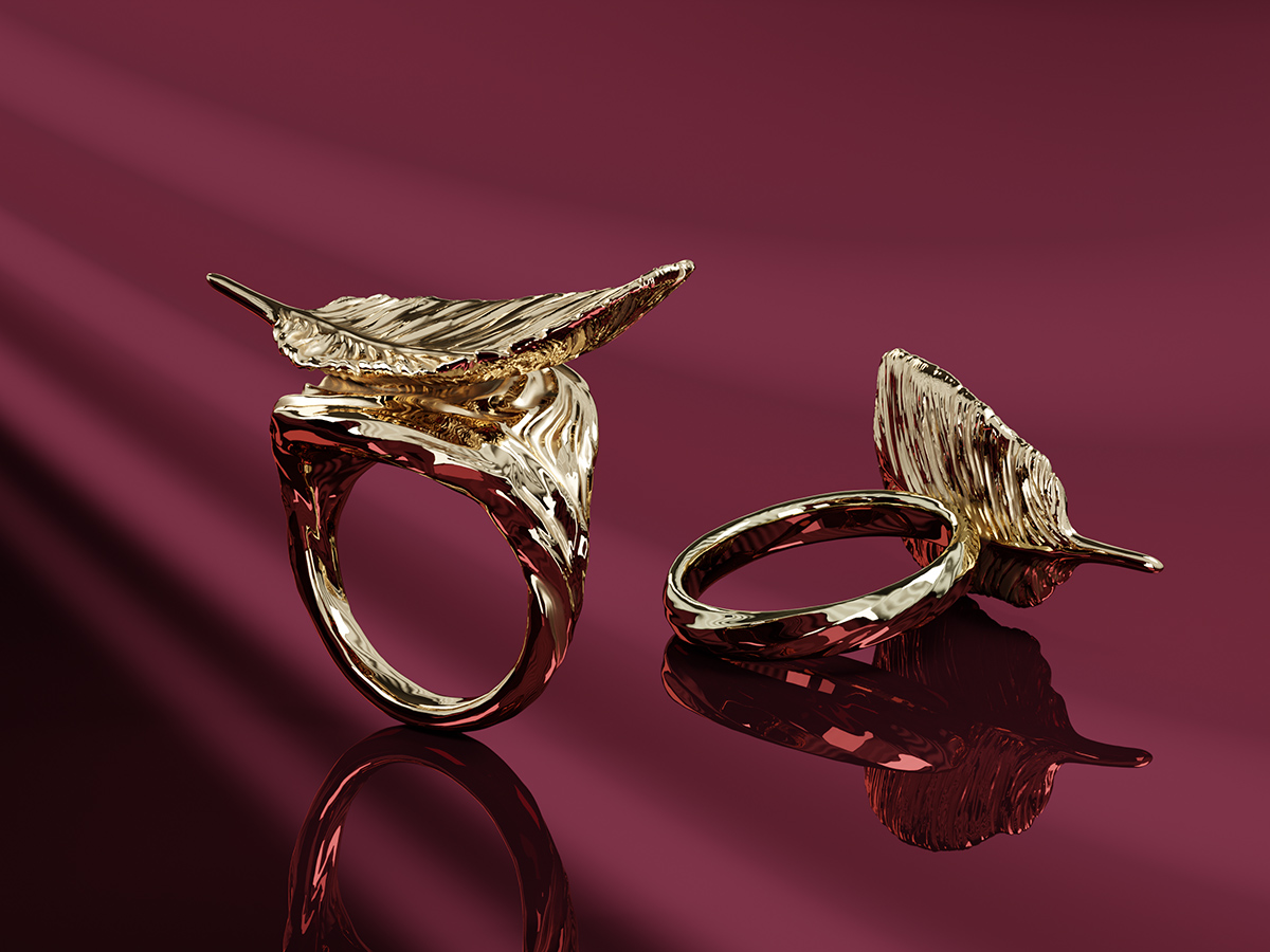 Rings with a Feather. Jewelry design and 3D Rendering. Sculpted jewellery.